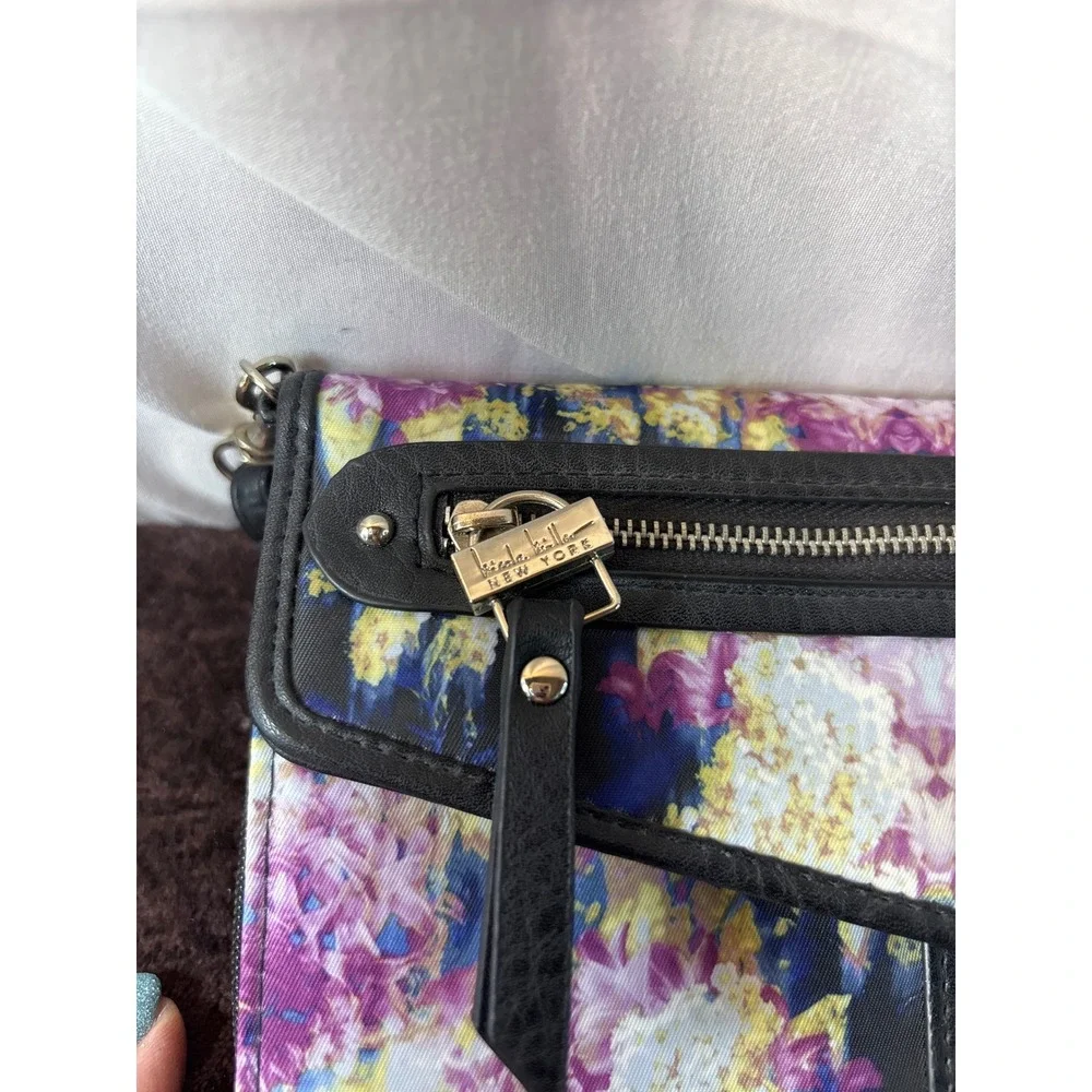 Nicole Miller New York Floral Crossbody Bag Black Purple floral Print Wallet
